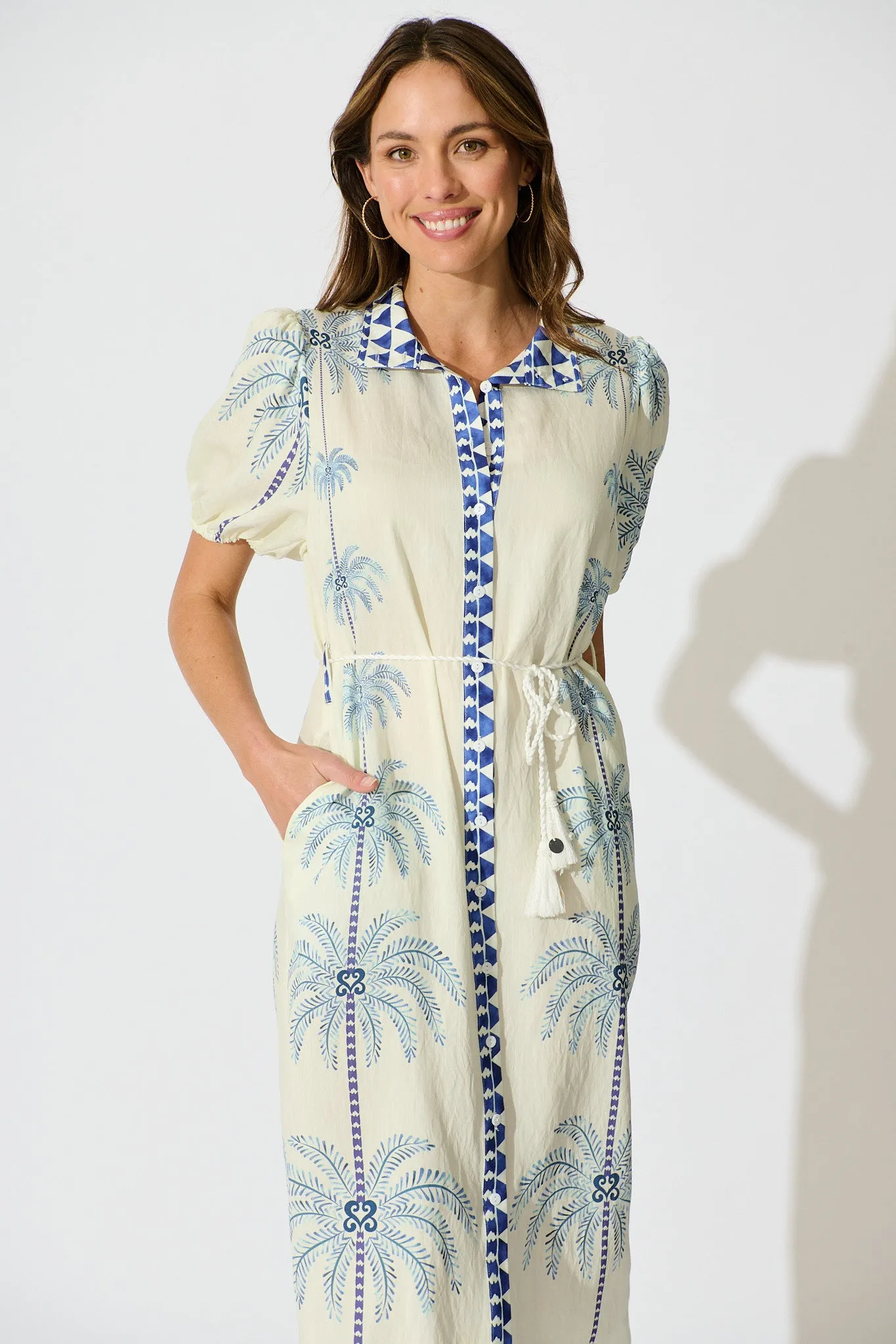 Palmira Midi Shirt Dress in Cream with Navy Palm Tree sold by St Frock product image thumbnail 2