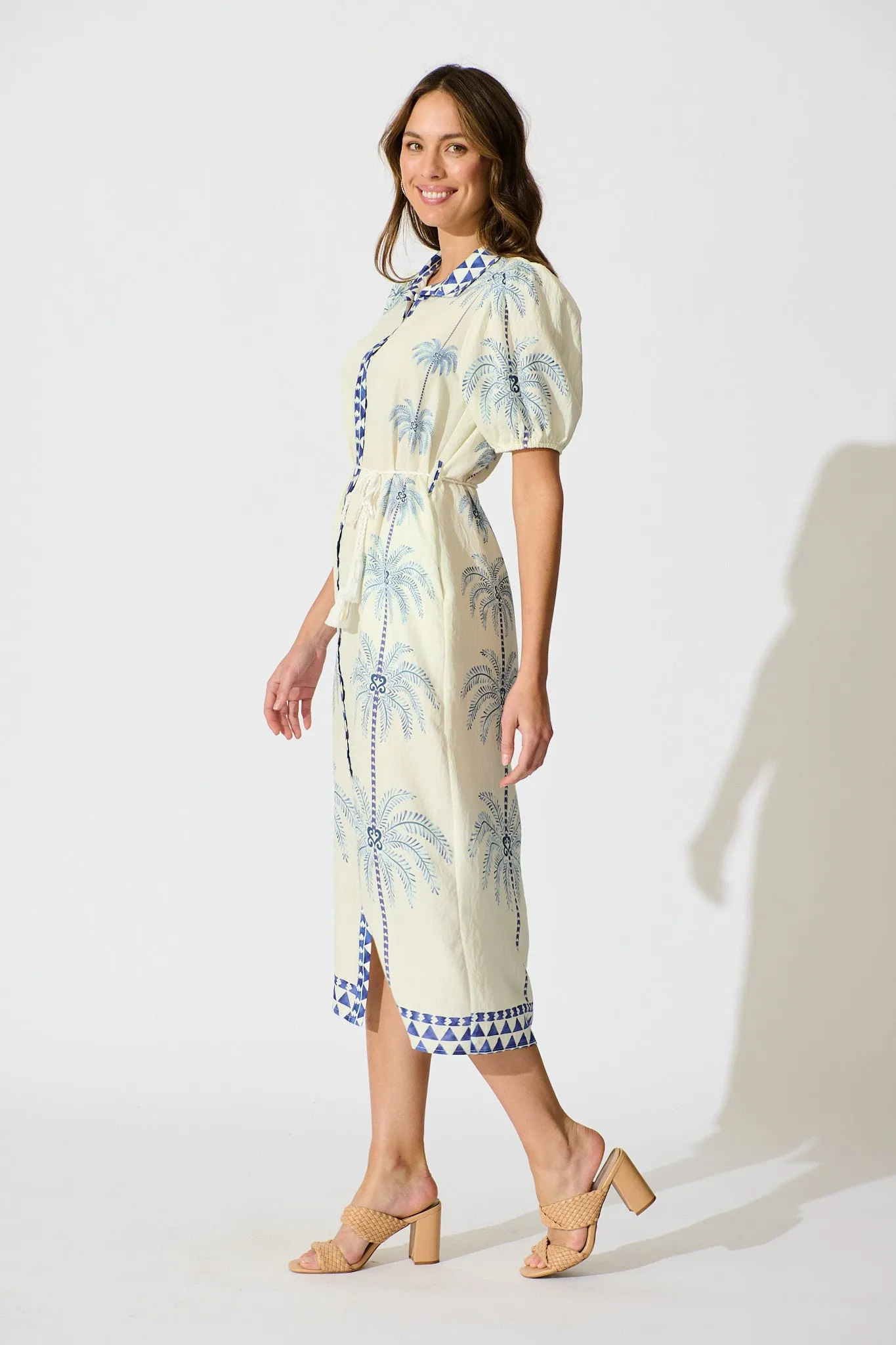 Palmira Midi Shirt Dress in Cream with Navy Palm Tree sold by St Frock product image thumbnail 3