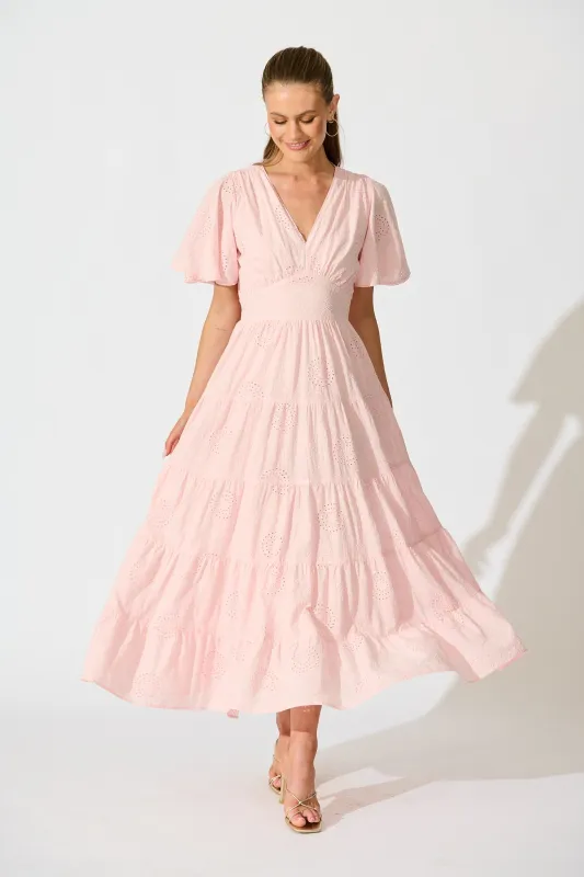 PRE ORDER Indra Tierred Maxi Dress In Pink Embroidered Cotton sold by St Frock