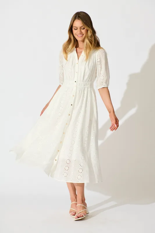 Ayla Midi Shirt Dress In White Embroidered Cotton sold by St Frock
