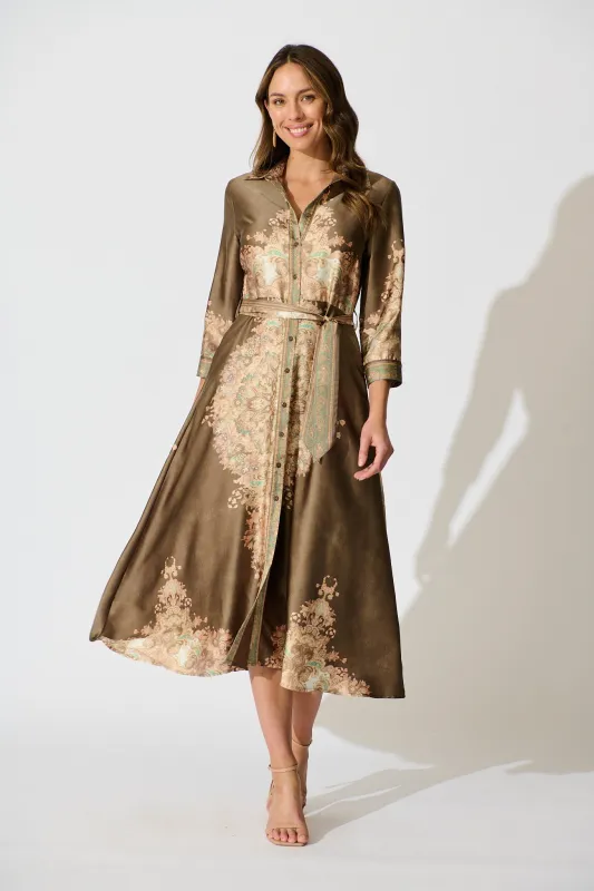 Ellen Midi Shirt Dress in Olive with Multi Placement Satin sold by St Frock