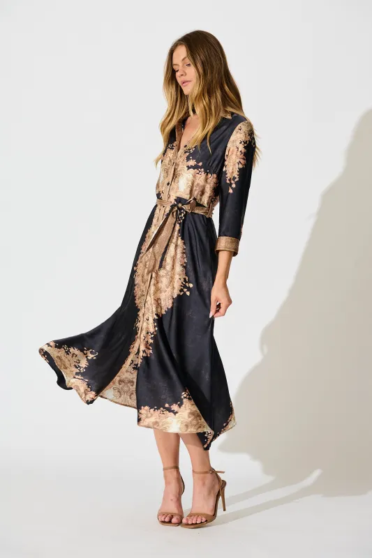 PRE ORDER Ellen Midi Shirt Dress in Navy with Multi Placement Satin sold by St Frock