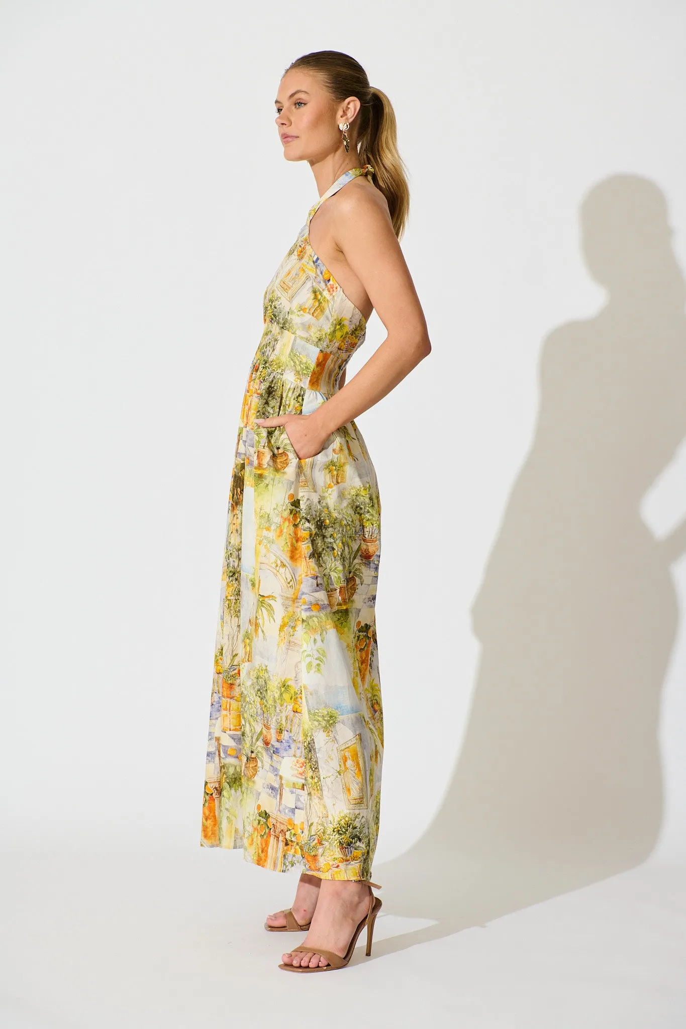Dinah One shoulder Maxi Dress in Yellow Multi Mediterranean Cotton sold by St Frock product image thumbnail 3