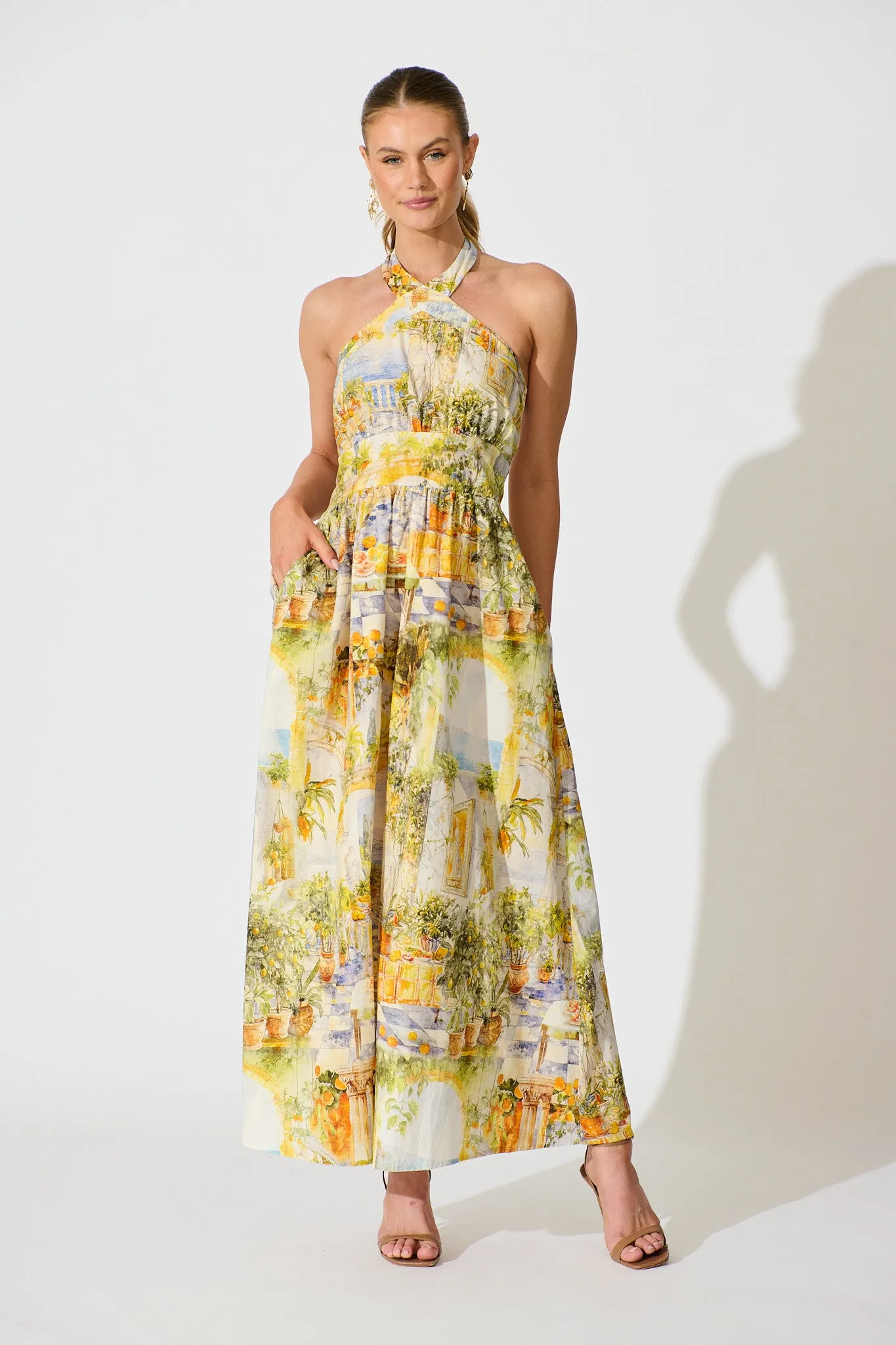 Dinah One shoulder Maxi Dress in Yellow Multi Mediterranean Cotton sold by St Frock