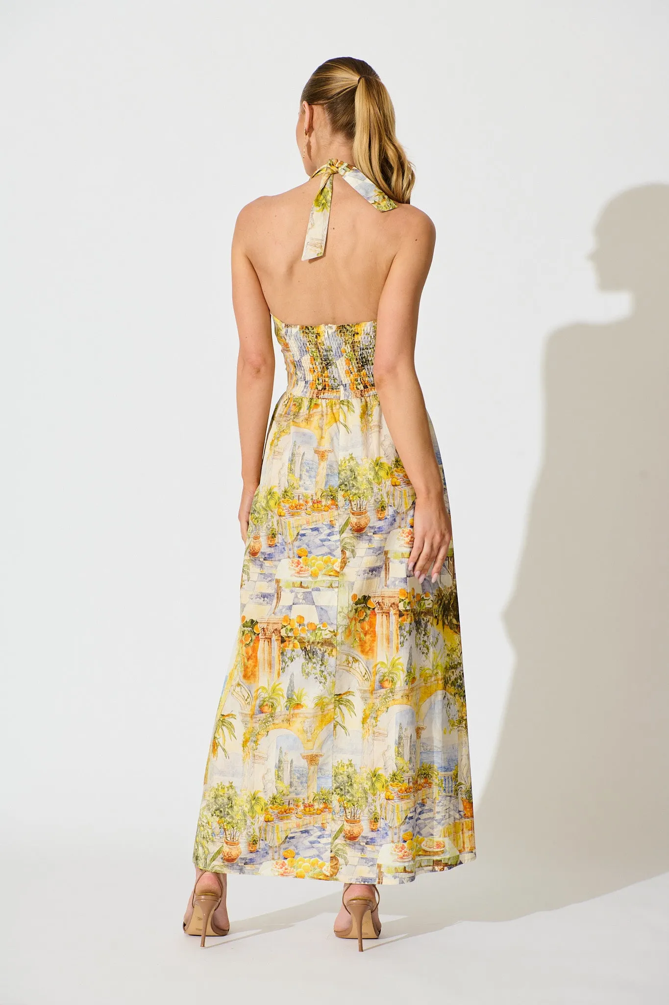 Dinah One shoulder Maxi Dress in Yellow Multi Mediterranean Cotton sold by St Frock product image thumbnail 4