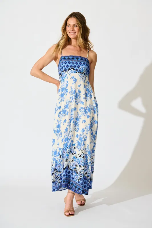 Fayda Maxi Sundress in Blue Floral Linen Blend sold by St Frock