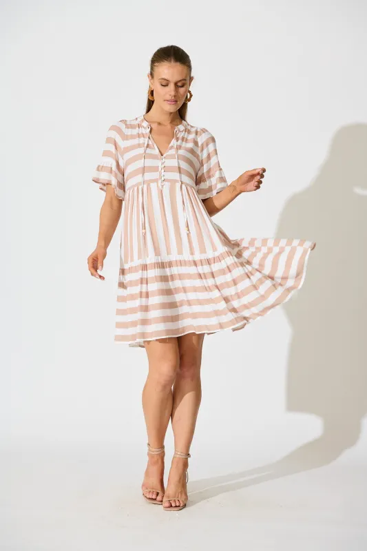 Northcote Smock Dress in in Brown with White Stripe sold by St Frock