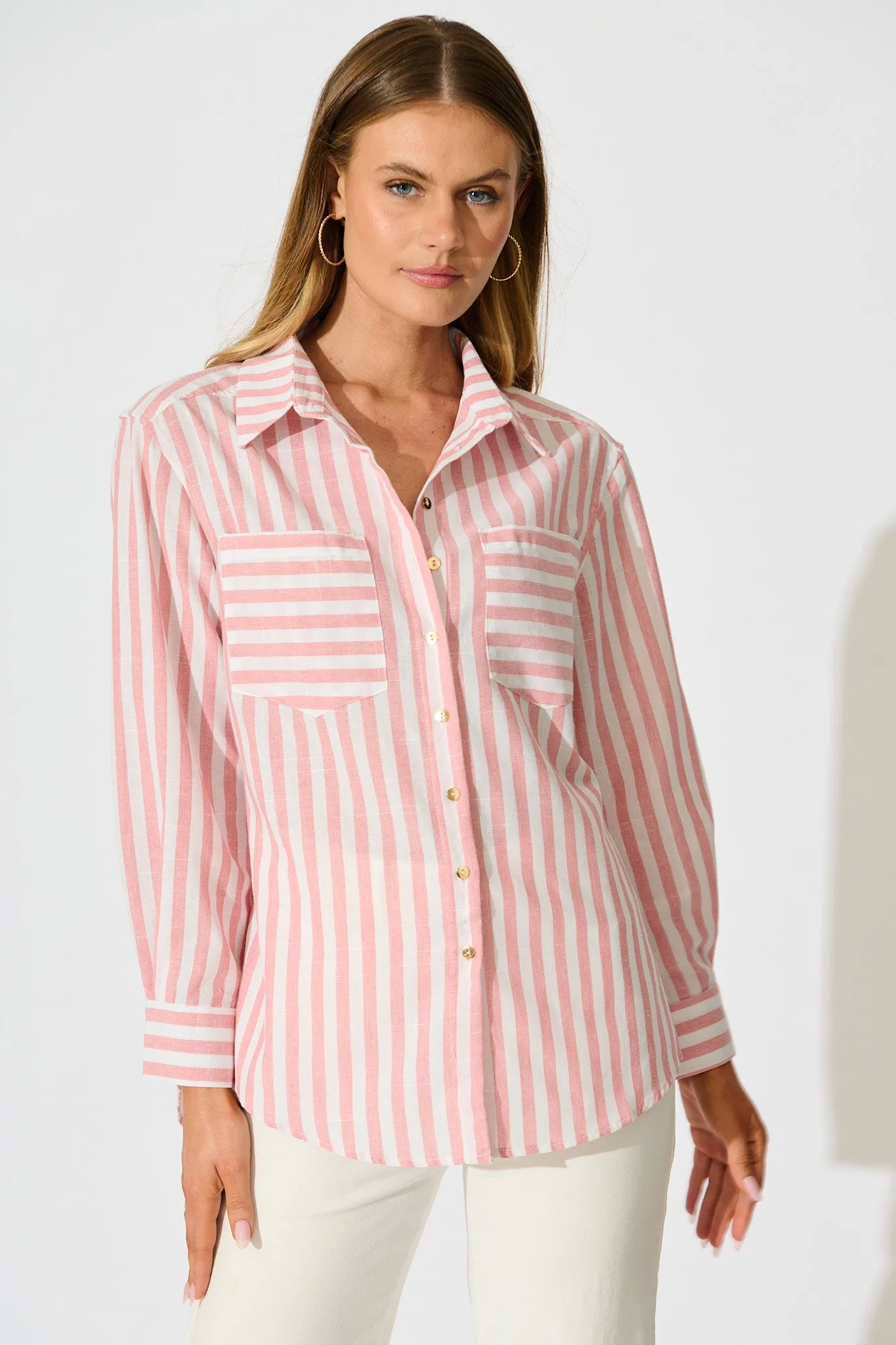 Miro Shirt in Pink Stripe Cotton Blend sold by St Frock