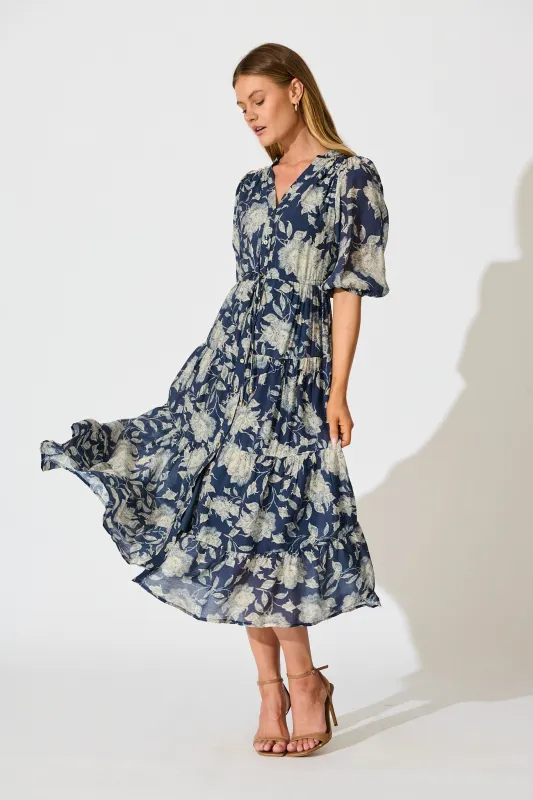 Messina Midi Dress in Navy with Cream Floral sold by St Frock