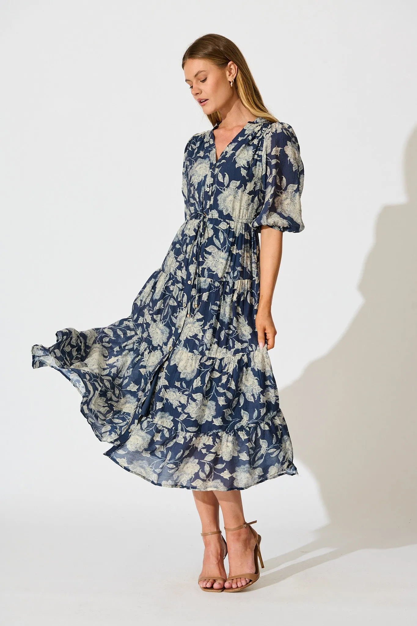 Messina Midi Dress in Navy with Cream Floral sold by St Frock