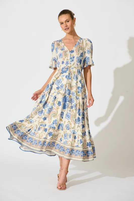 Alessa Maxi Dress in White with Blue Floral sold by St Frock