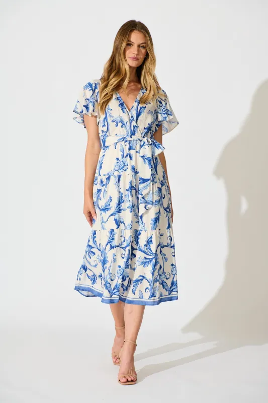 Annalyse Midi Dress in White with Blue Floral sold by St Frock