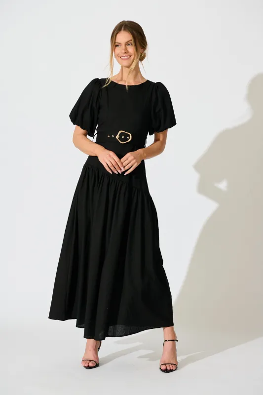 Isleen Maxi Dress in Black Linen Blend sold by St Frock
