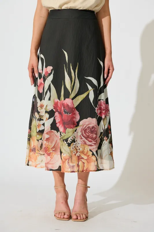 Faelina Maxi Skirt in Black with Floral Print Linen Blend sold by St Frock