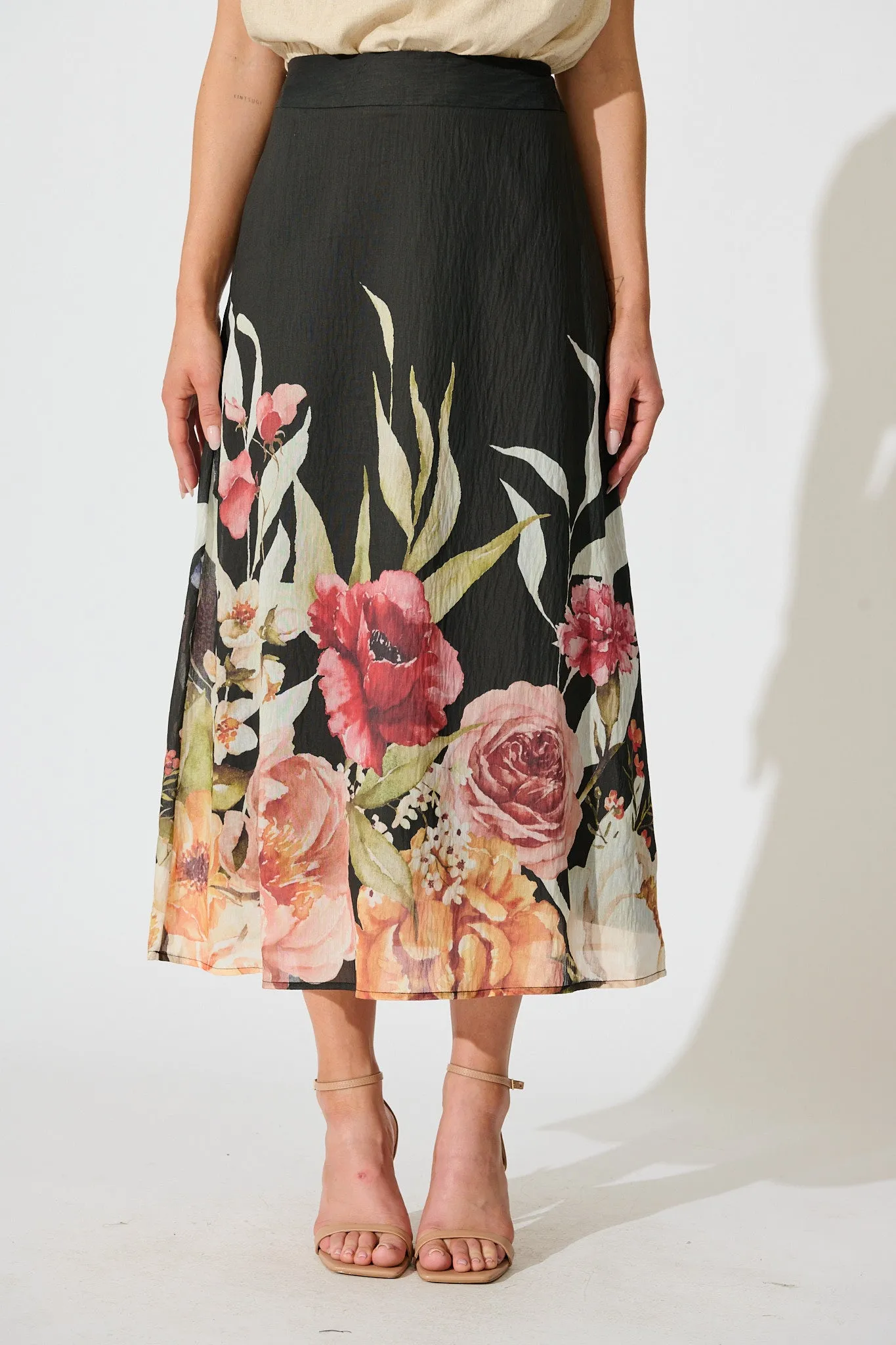 Faelina Maxi Skirt in Black with Floral Print Linen Blend sold by St Frock