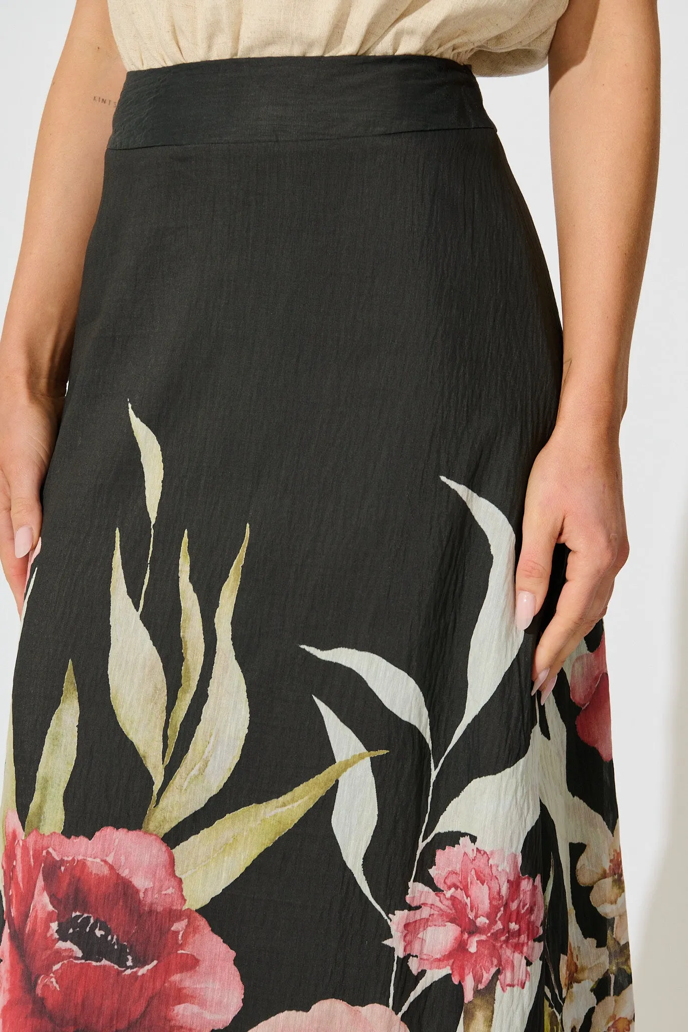 Faelina Maxi Skirt in Black with Floral Print Linen Blend sold by St Frock product image thumbnail 5