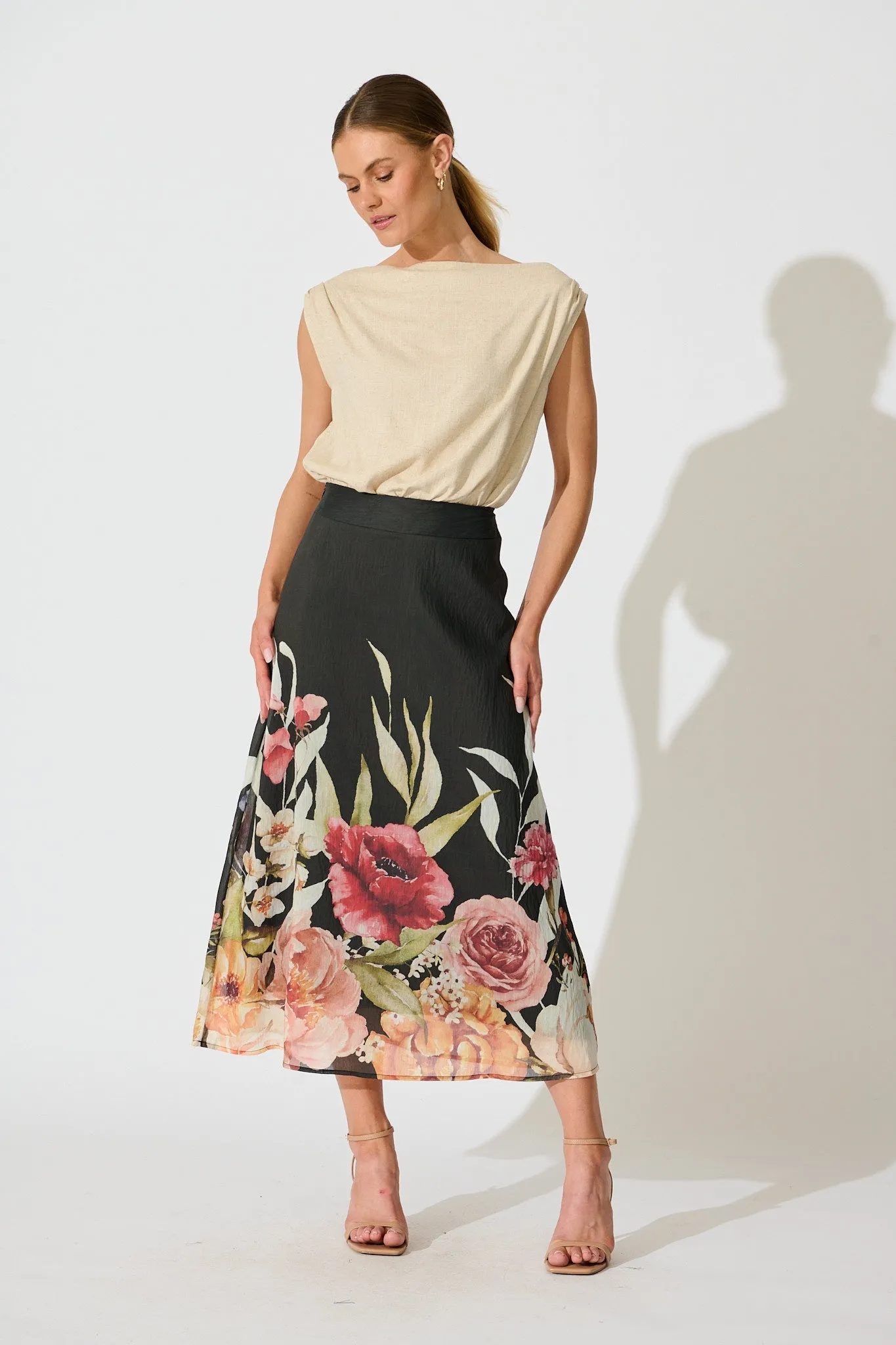 Faelina Maxi Skirt in Black with Floral Print Linen Blend sold by St Frock product image thumbnail 4