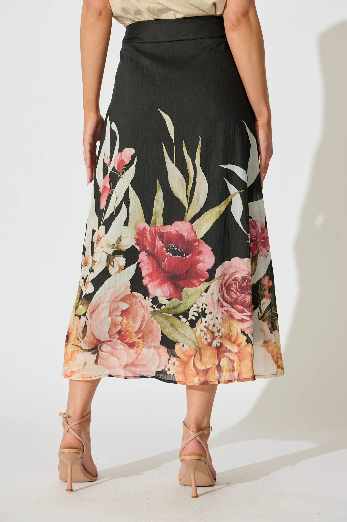 Faelina Maxi Skirt in Black with Floral Print Linen Blend sold by St Frock product image thumbnail 3