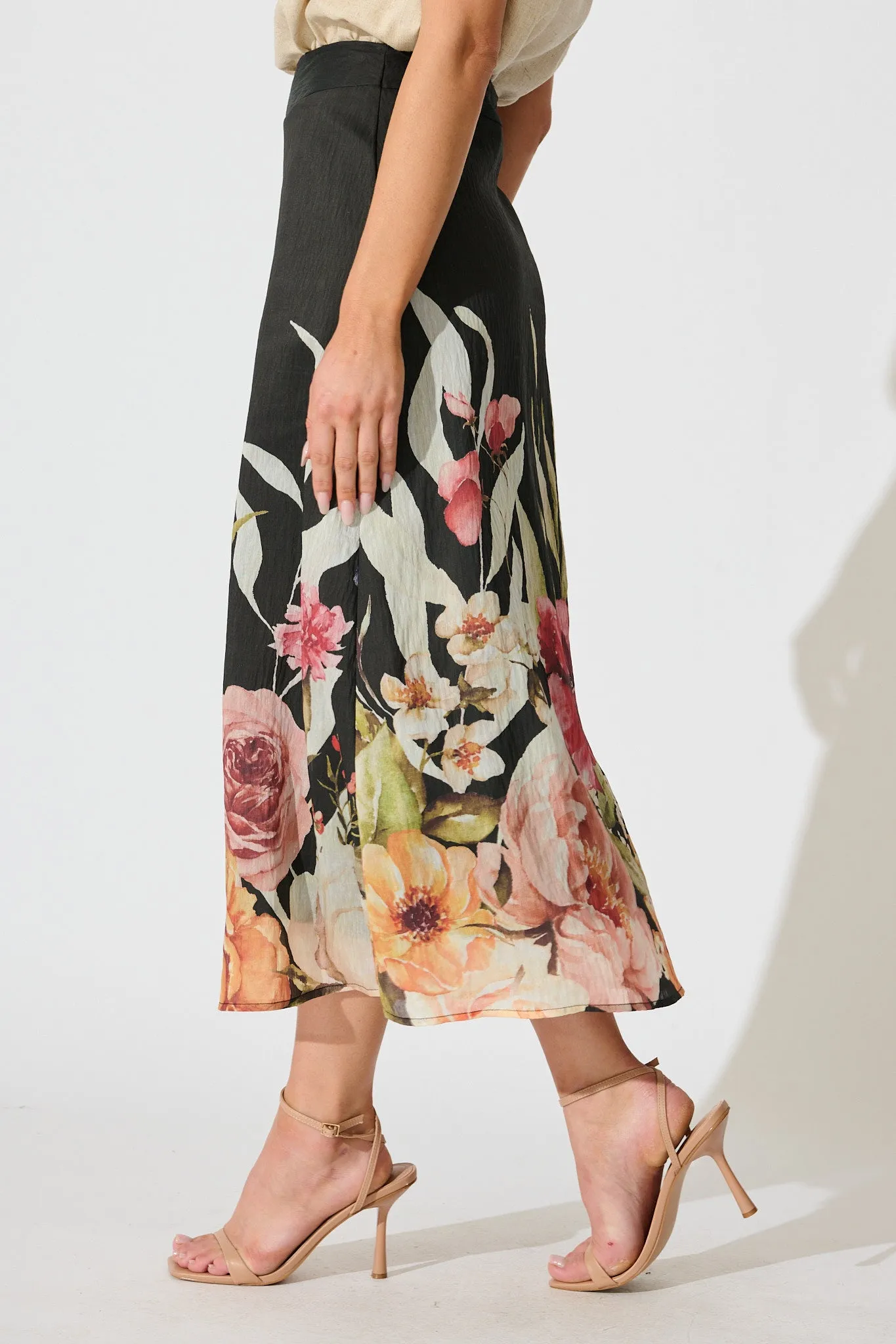 Faelina Maxi Skirt in Black with Floral Print Linen Blend sold by St Frock product image thumbnail 2