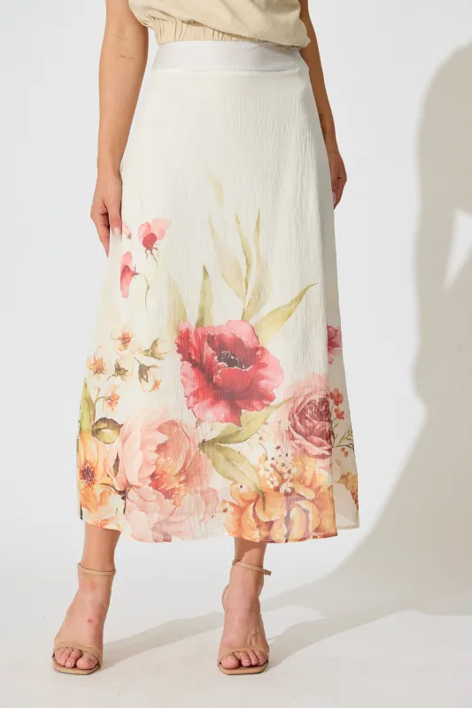 Faelina Maxi Skirt in White with Floral Print Linen Blend sold by St Frock