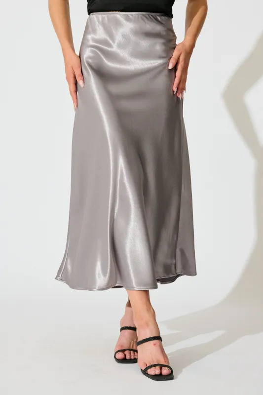 Satin Poise Midi Skirt in Grey sold by St Frock