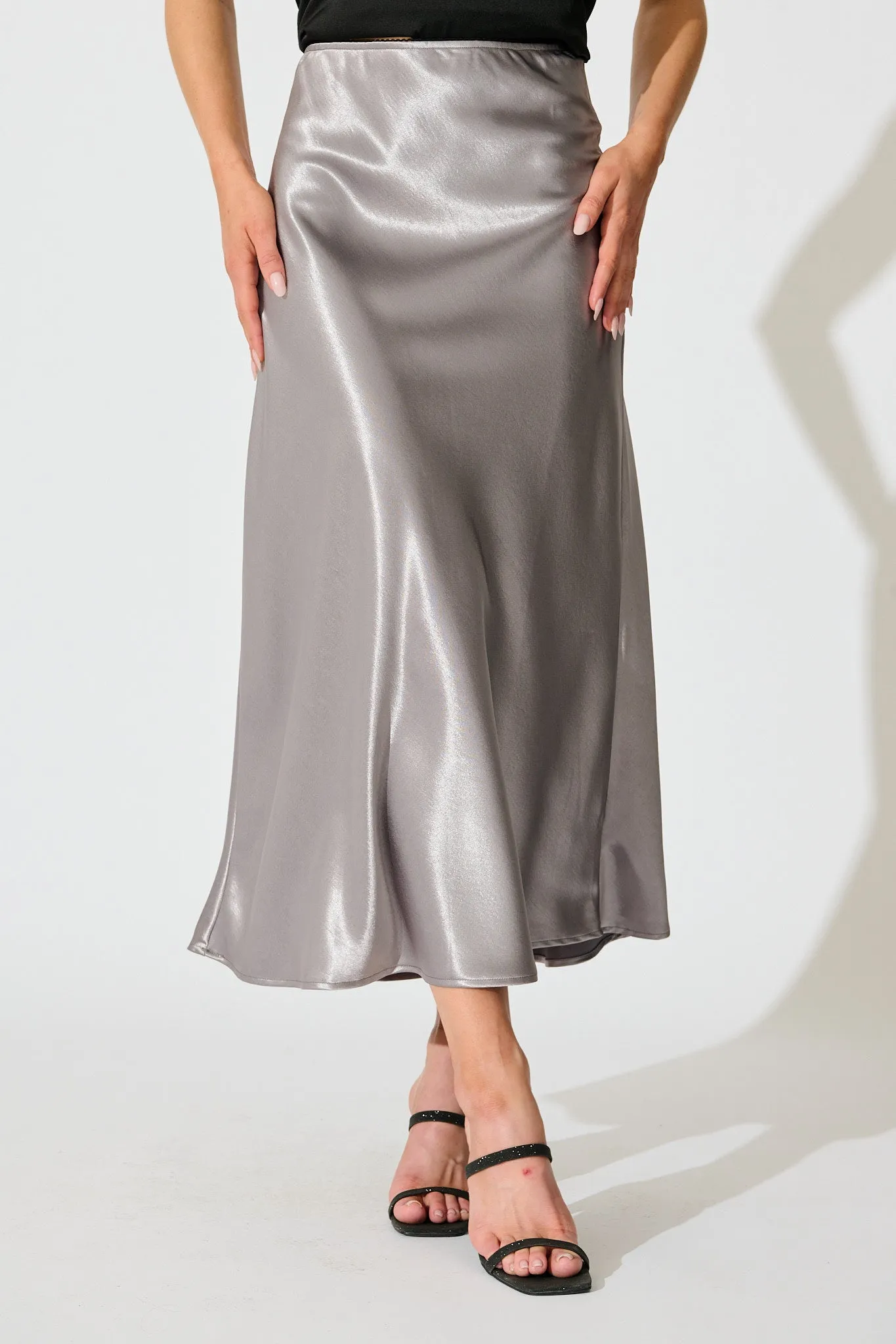 Satin Poise Midi Skirt in Grey sold by St Frock