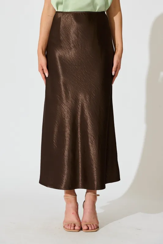 Satin Poise Midi Skirt in Chocolate sold by St Frock