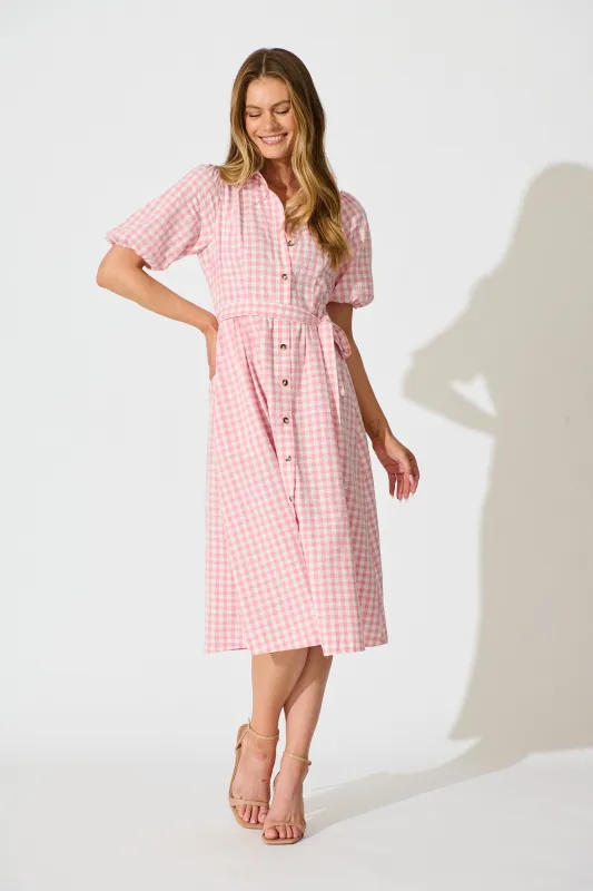 Elianna Midi Shirt Dress in Pink and White Gingham Cotton sold by St Frock