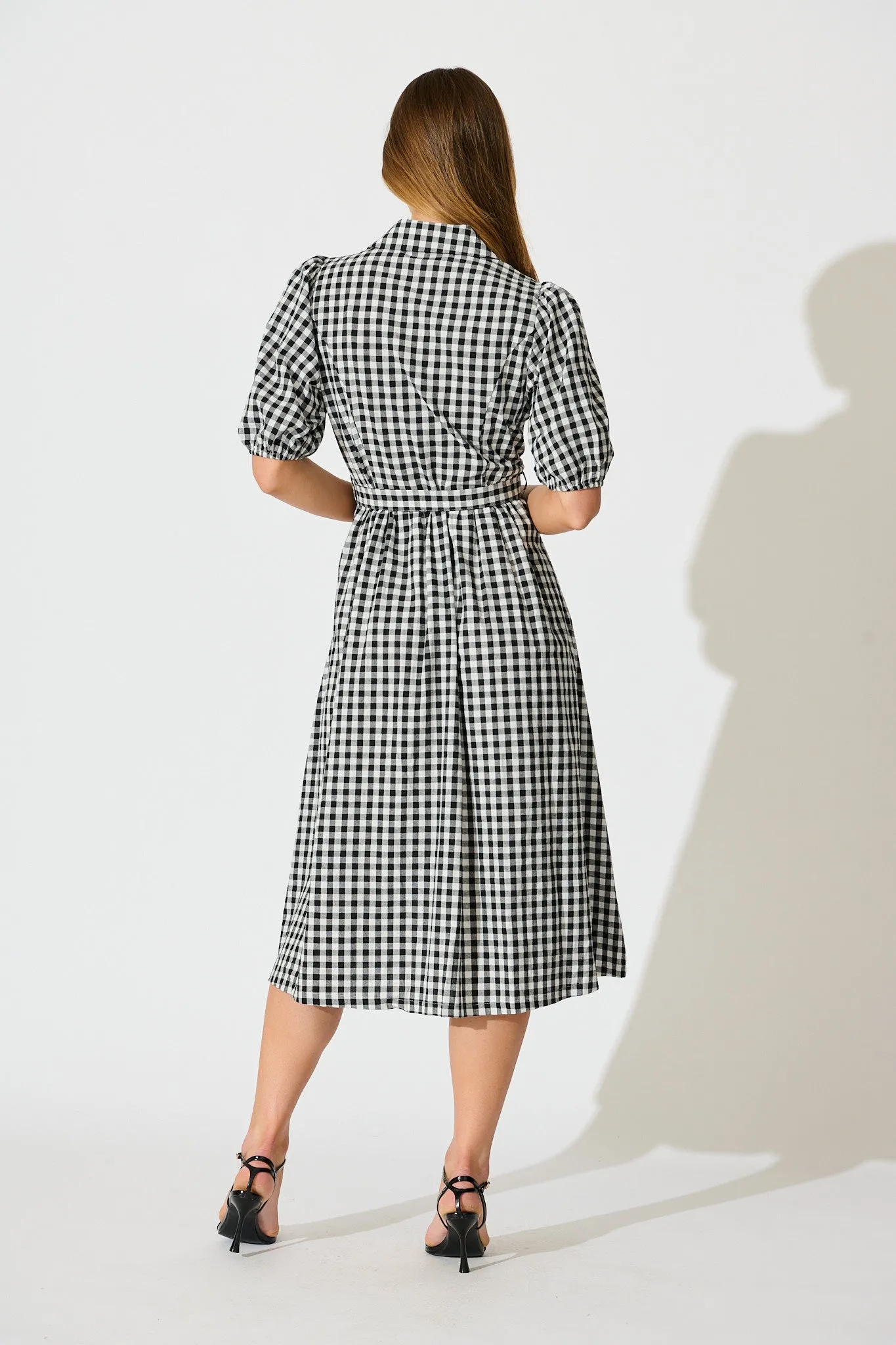 Elianna Midi Shirt Dress in Black and White Gingham Cotton sold by St Frock product image thumbnail 4