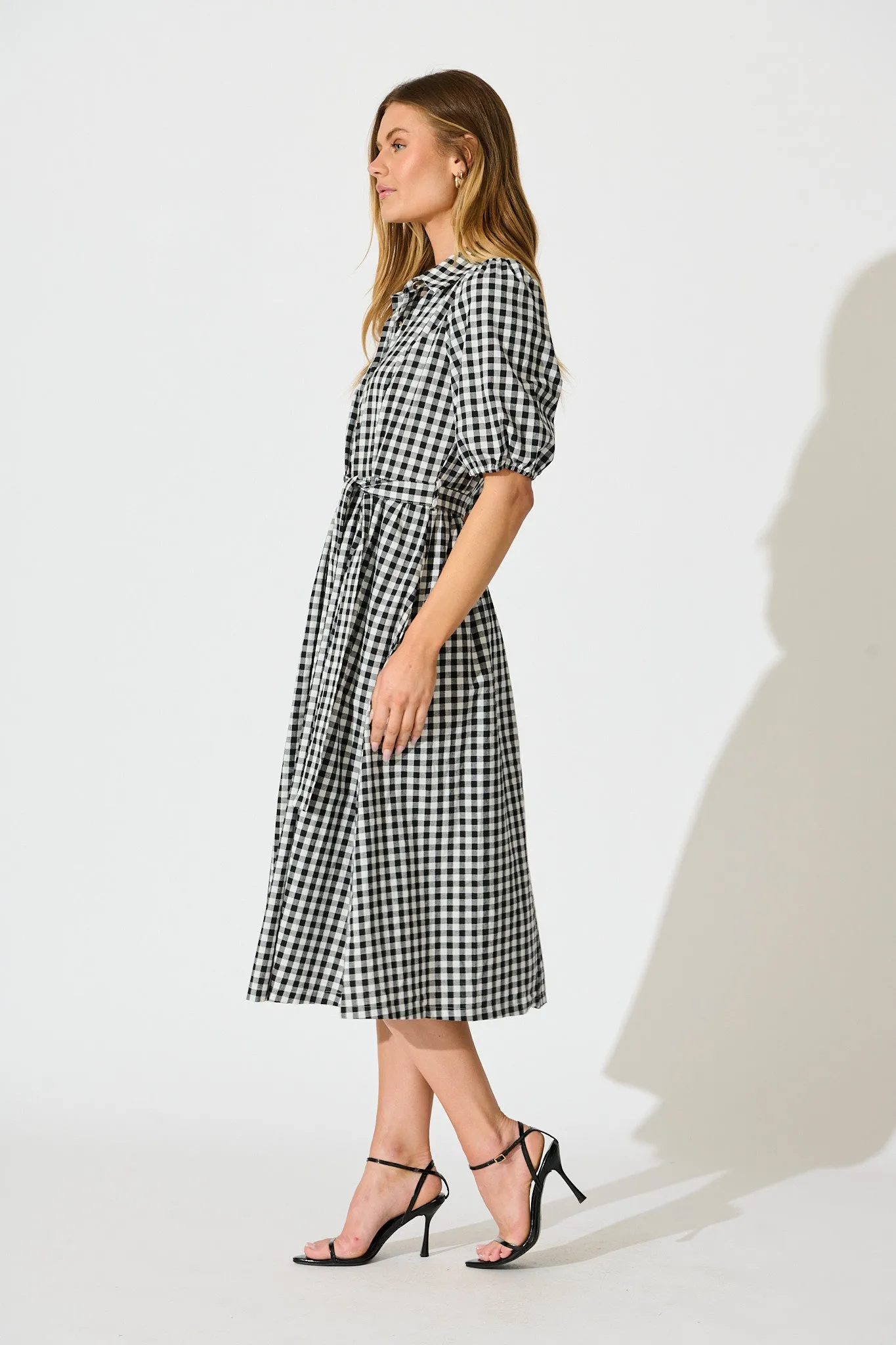 Elianna Midi Shirt Dress in Black and White Gingham Cotton sold by St Frock product image thumbnail 3