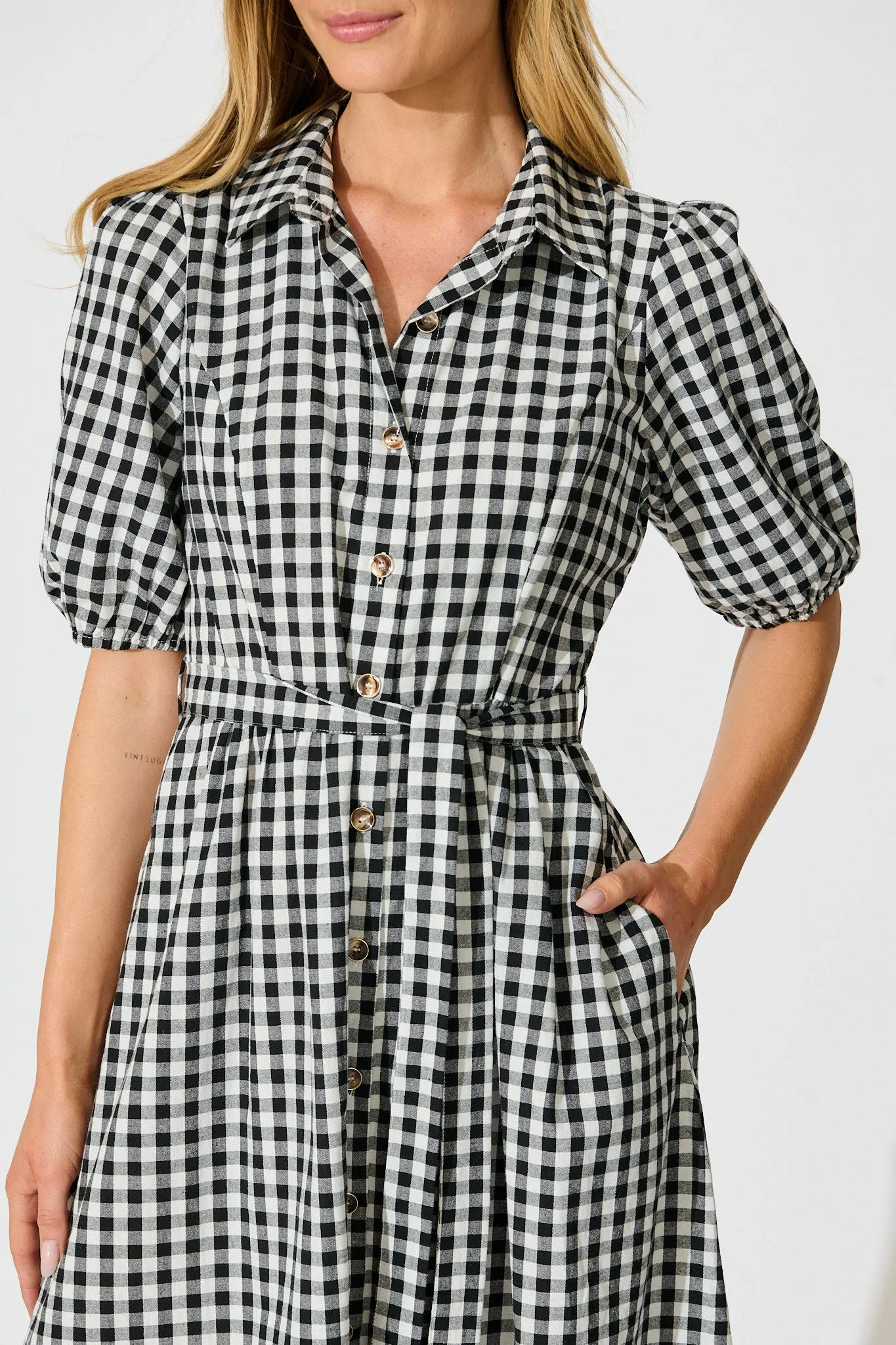 Elianna Midi Shirt Dress in Black and White Gingham Cotton sold by St Frock product image thumbnail 5