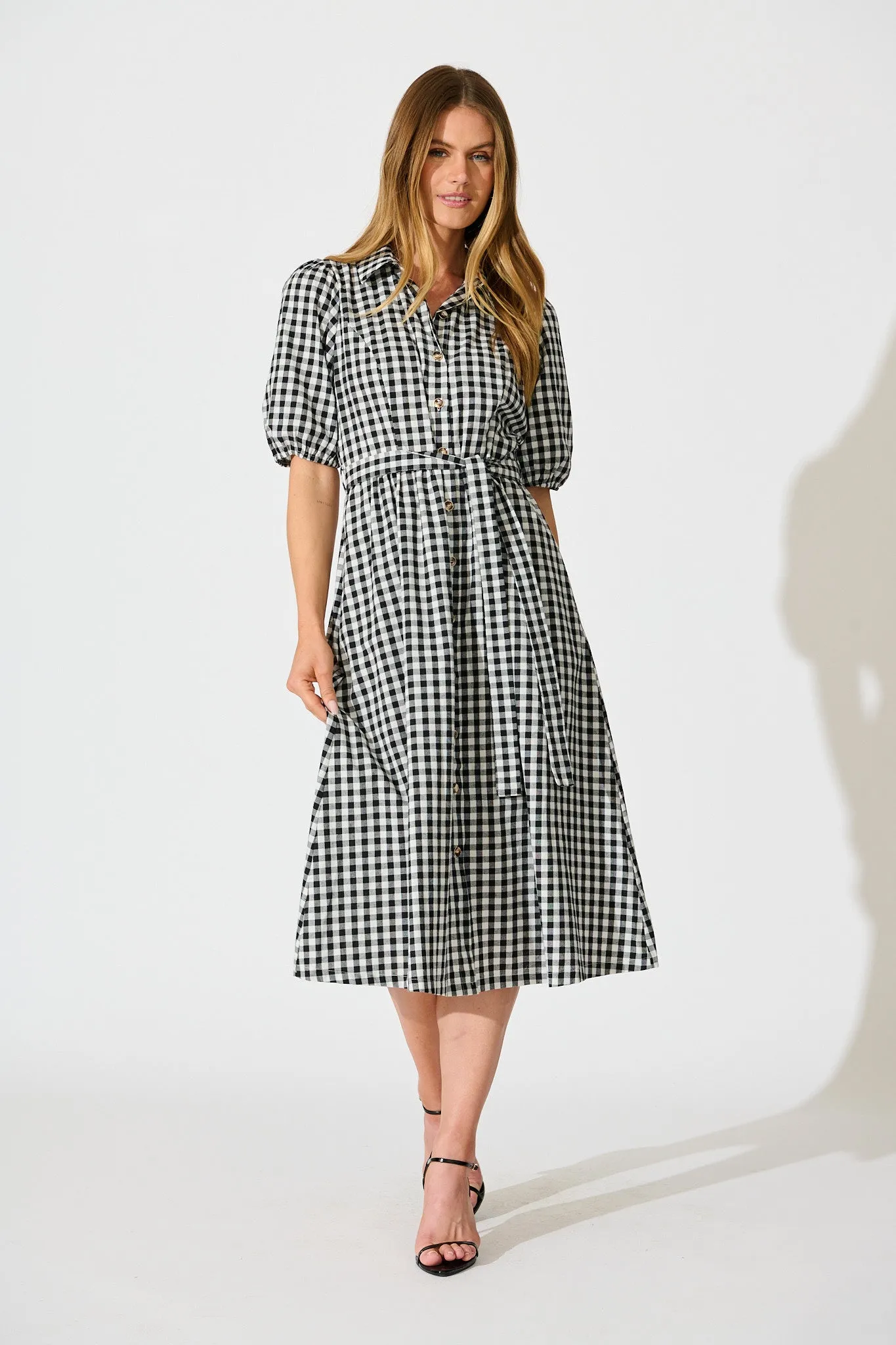 Elianna Midi Shirt Dress in Black and White Gingham Cotton sold by St Frock