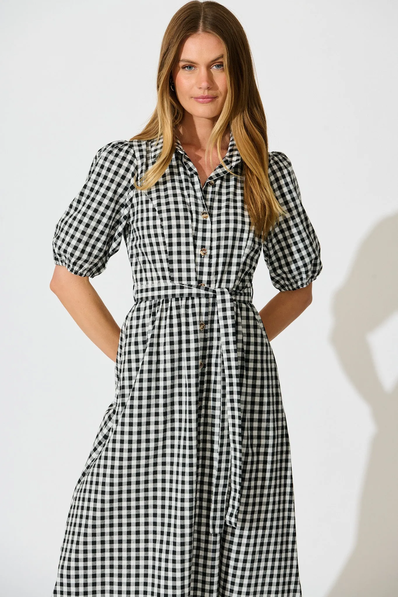 Elianna Midi Shirt Dress in Black and White Gingham Cotton sold by St Frock product image thumbnail 2