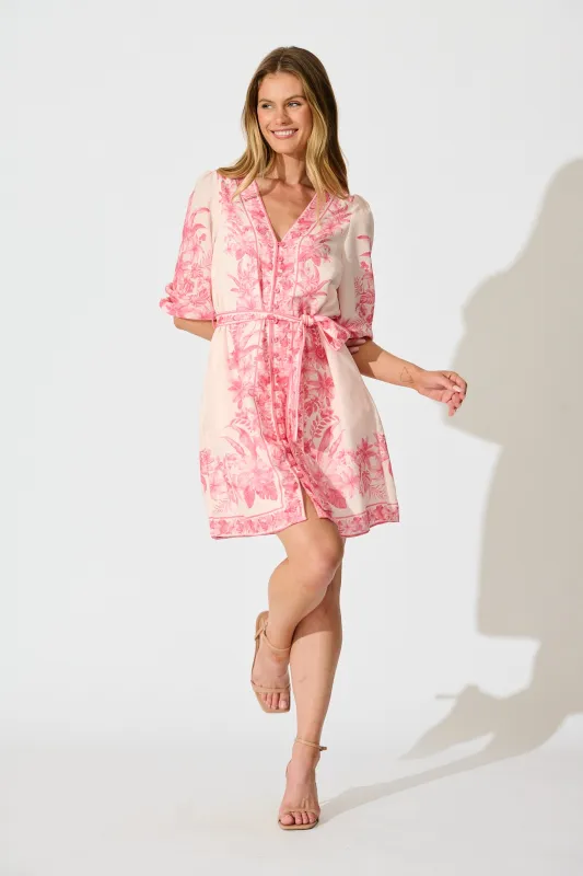 Talara Dress in Pink Floral Linen Blend sold by St Frock