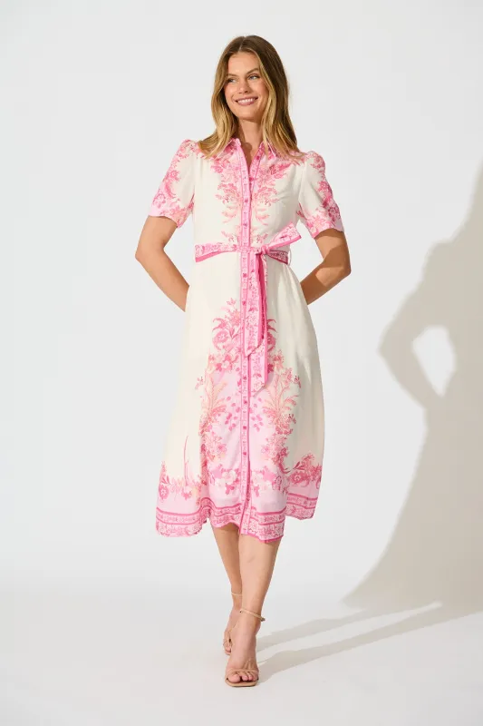 Aveta Midi Shirt Dress in Cream with Pink Floral Linen Blend sold by St Frock