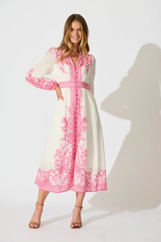 Evilia Maxi Dress in Cream with Pink Floral Linen Blend sold by St Frock