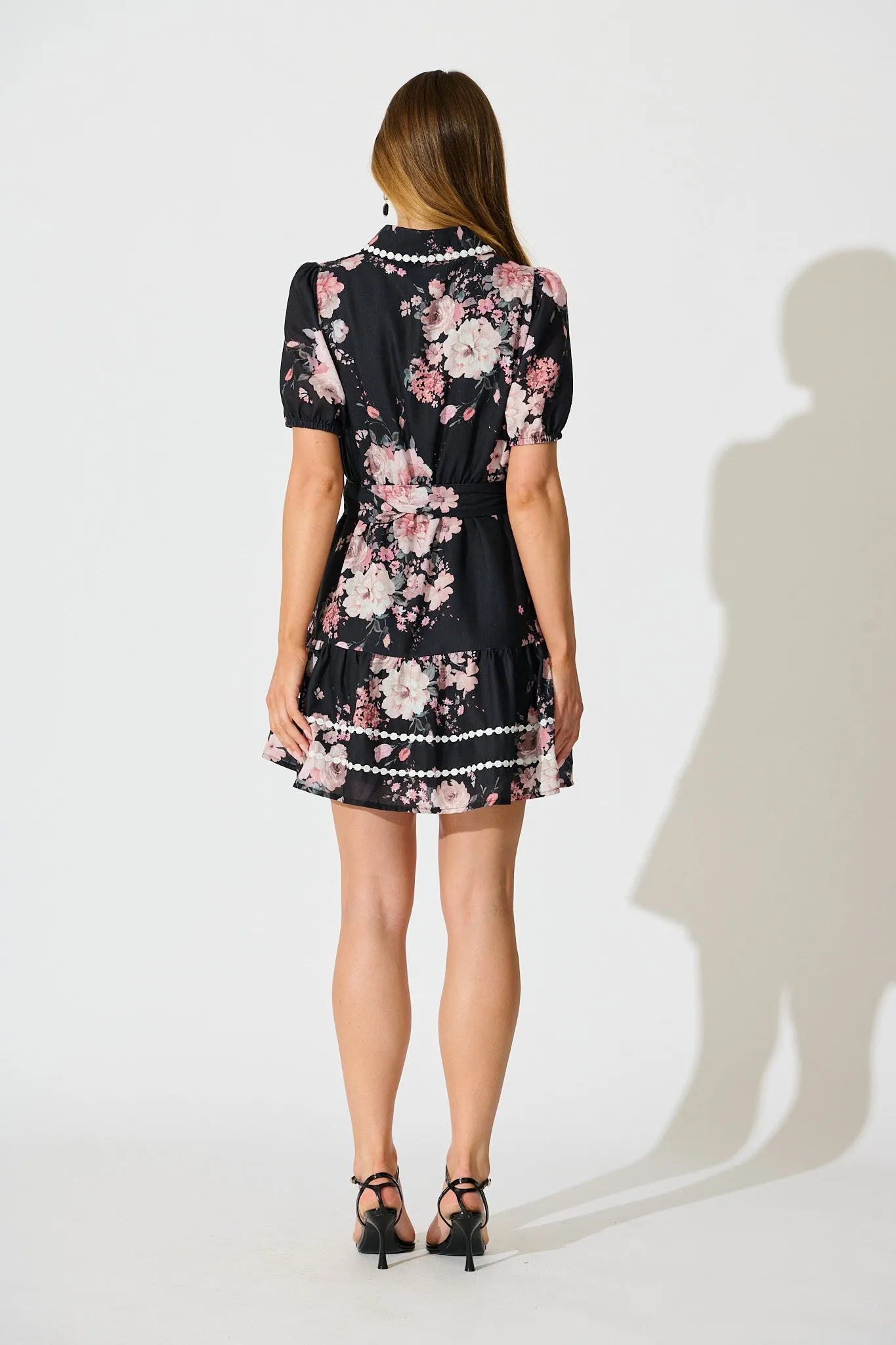 Zami Shirt Dress in Black with Blush Floral Linen Blend sold by St Frock product image thumbnail 3