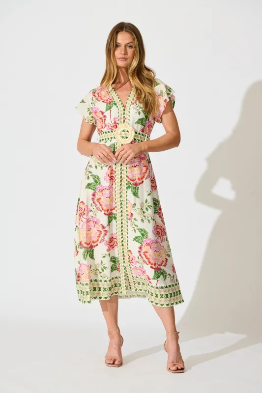Portofino Bloom Midi dress in Cream with Pink Floral sold by St Frock