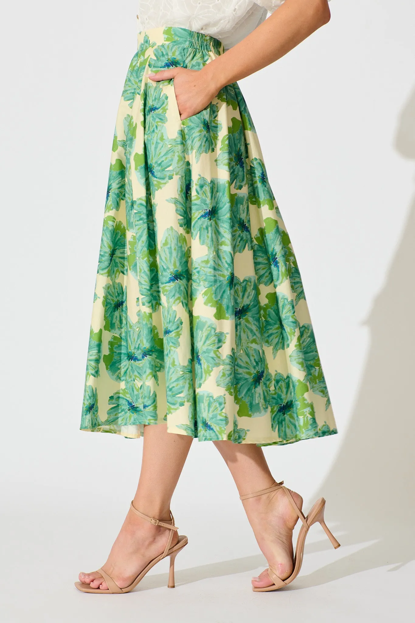 Sunlit Petals Midi Skirt in Green Floral Print Cotton sold by St Frock product image thumbnail 2