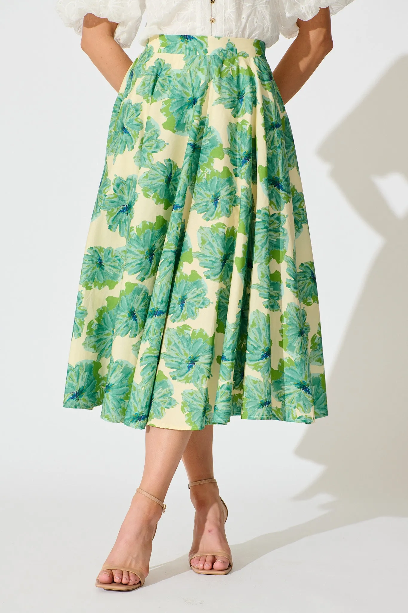 Sunlit Petals Midi Skirt in Green Floral Print Cotton sold by St Frock