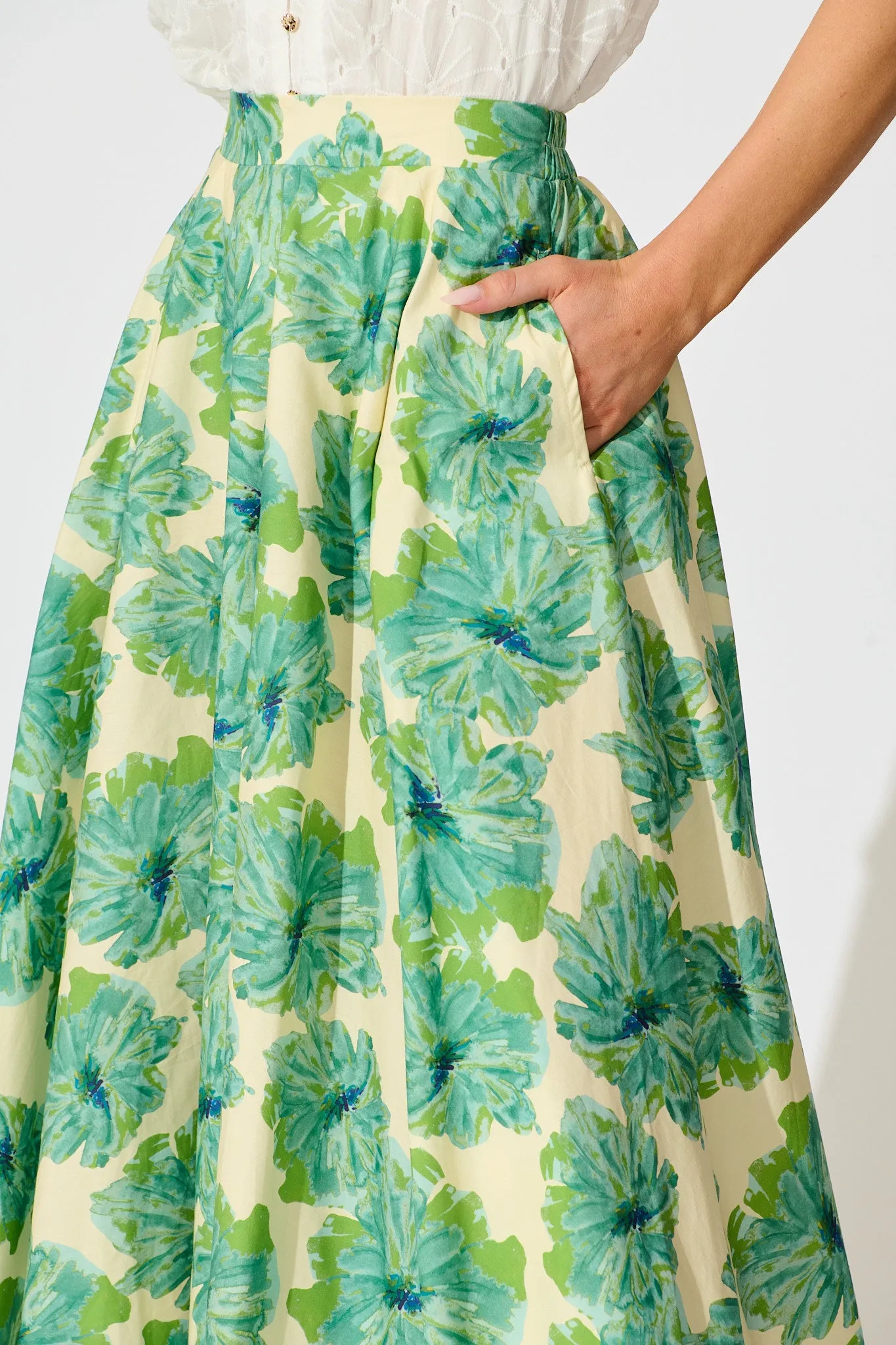 Sunlit Petals Midi Skirt in Green Floral Print Cotton sold by St Frock product image thumbnail 5