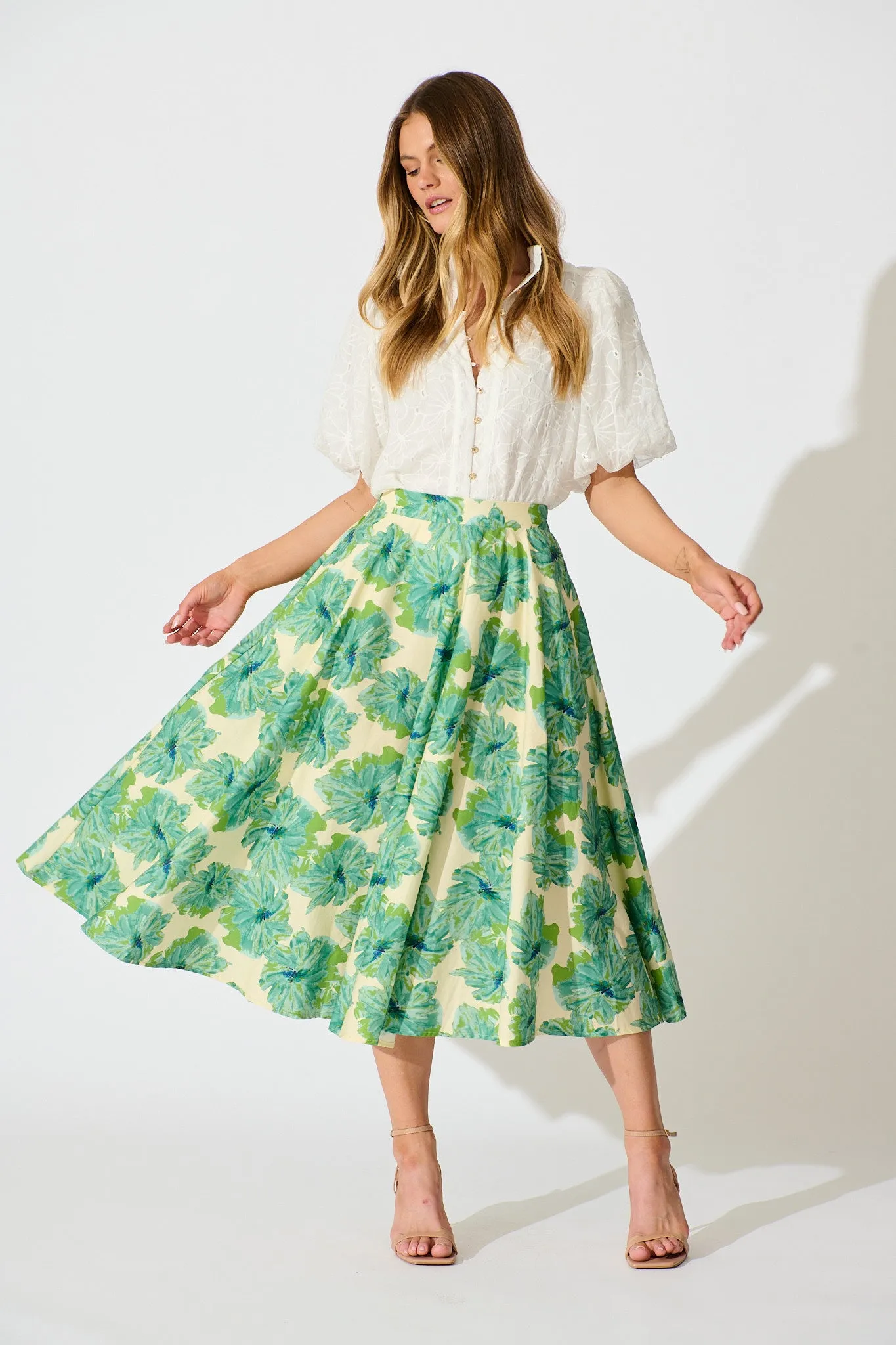 Sunlit Petals Midi Skirt in Green Floral Print Cotton sold by St Frock product image thumbnail 4