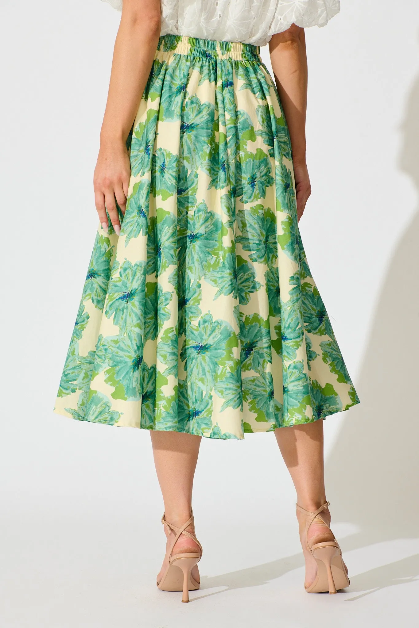 Sunlit Petals Midi Skirt in Green Floral Print Cotton sold by St Frock product image thumbnail 3