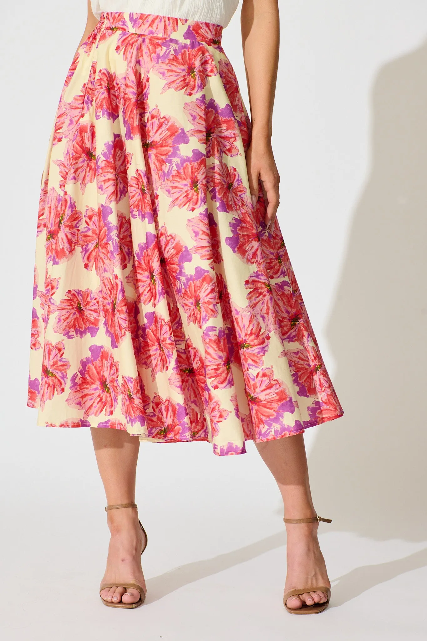 Sunlit Petals Midi Skirt in Pink Floral Print Cotton sold by St Frock