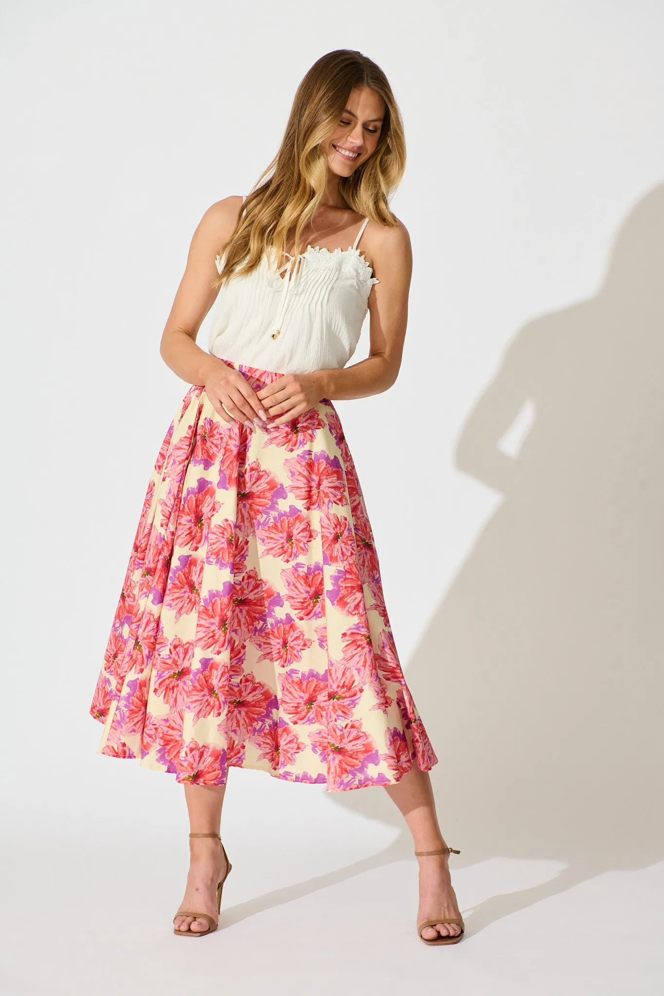 Sunlit Petals Midi Skirt in Pink Floral Print Cotton sold by St Frock product image thumbnail 4