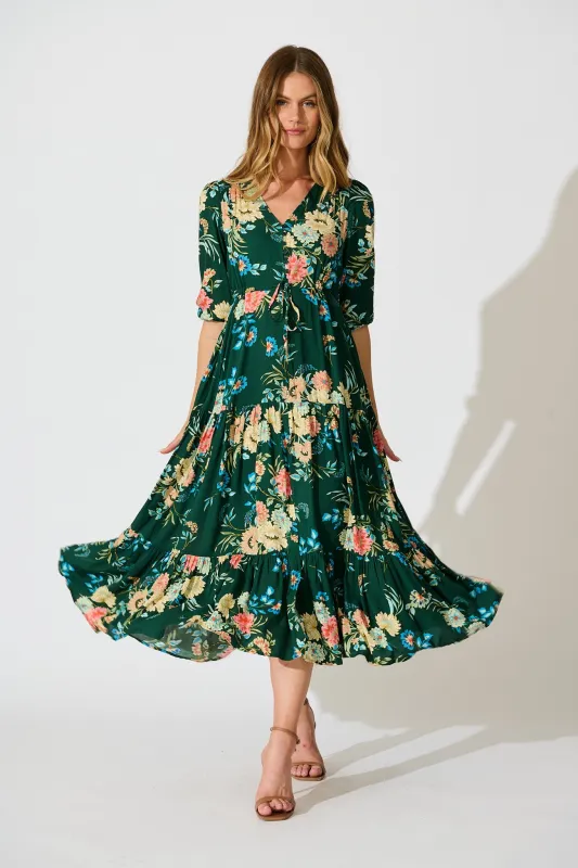 Jolanta Midi Dress in Emerald with Multi Floral sold by St Frock