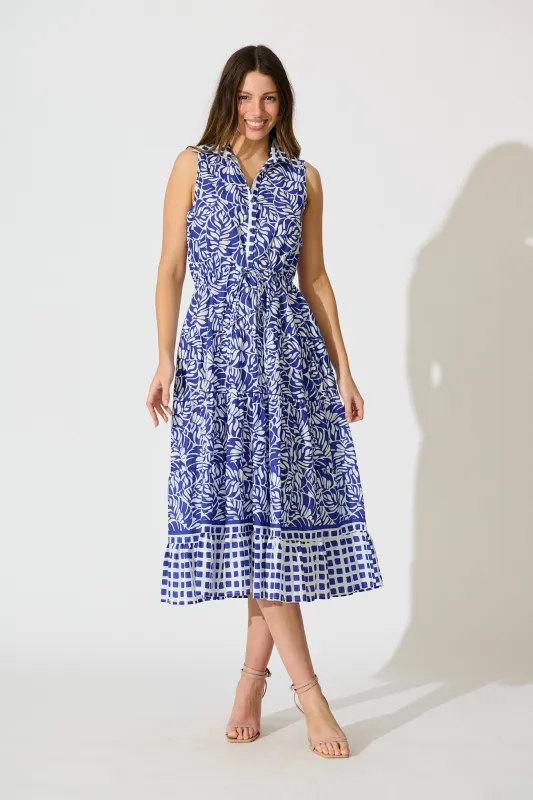 Maelle Midi Dress in Blue with White Cotton sold by St Frock