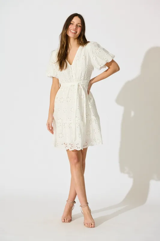 Juliette Dress in White Broderie Cotton sold by St Frock