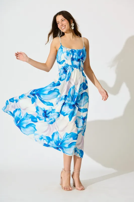 Zaynab Maxi Sundress in White with Blue Floral sold by St Frock