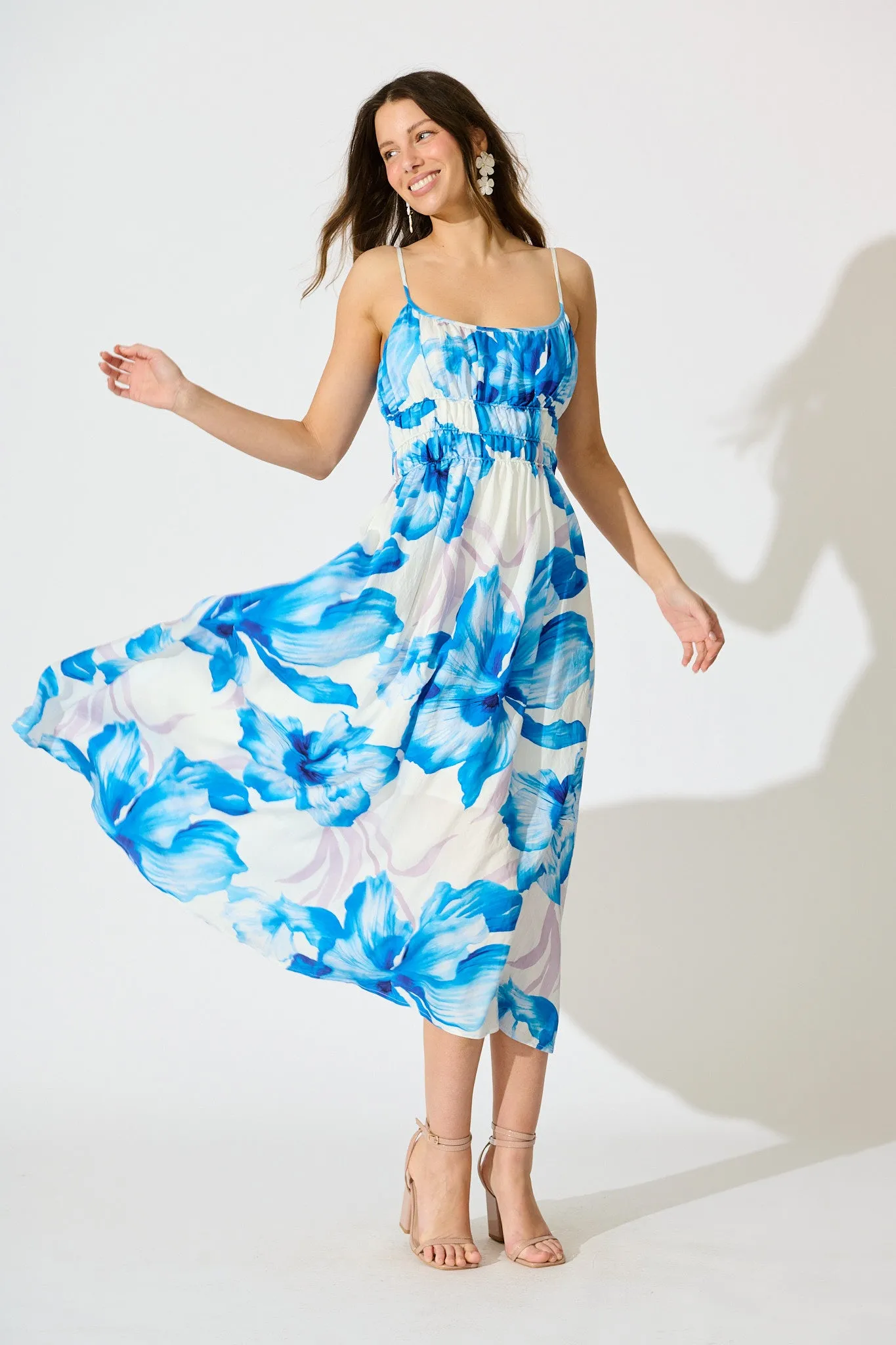 Zaynab Maxi Sundress in White with Blue Floral sold by St Frock